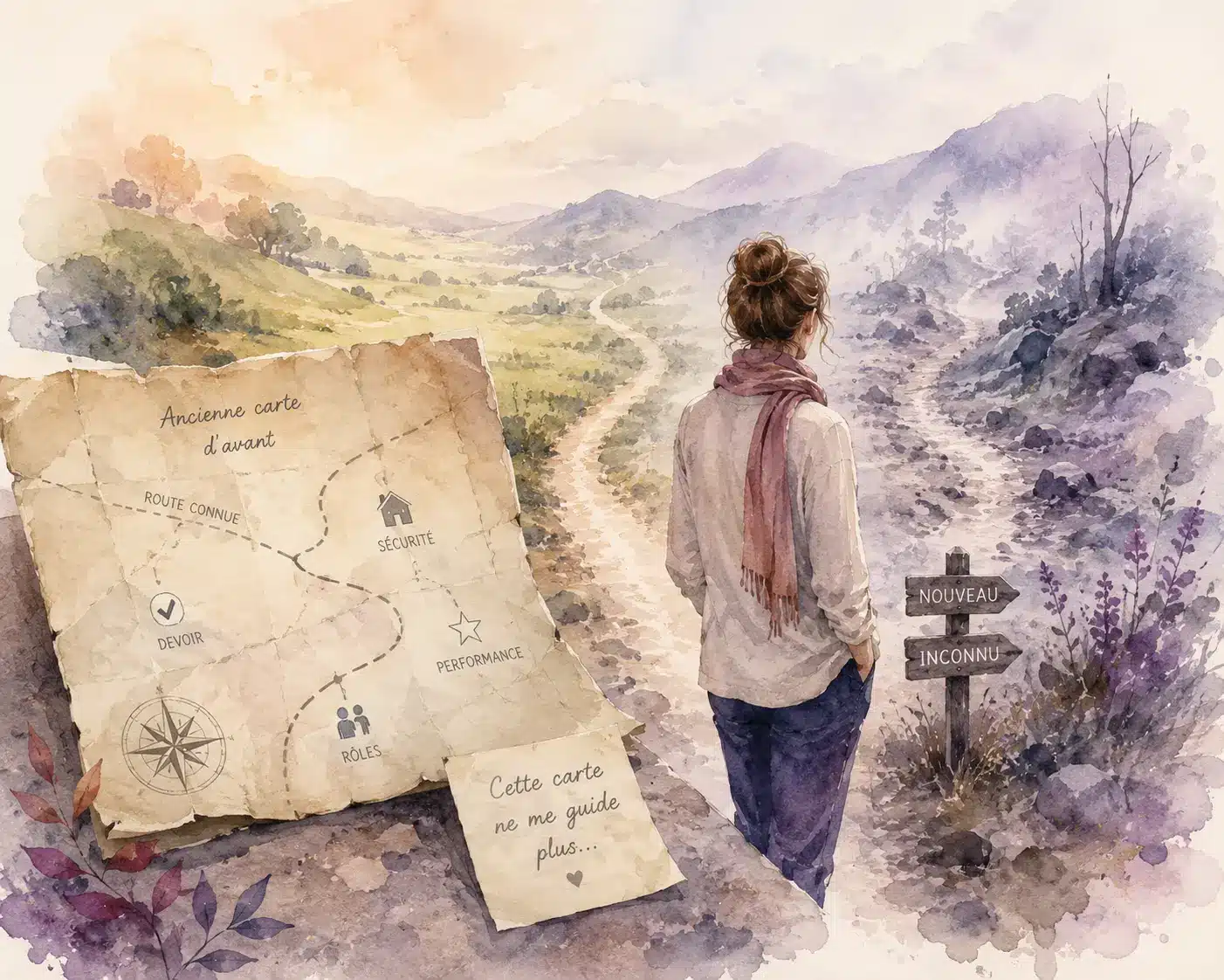 Illustration en aquarelle montrant une ancienne carte qui ne correspond plus au paysage actuel, symbole de la perte de repères après un burn-out ou un bouleversement de vie.